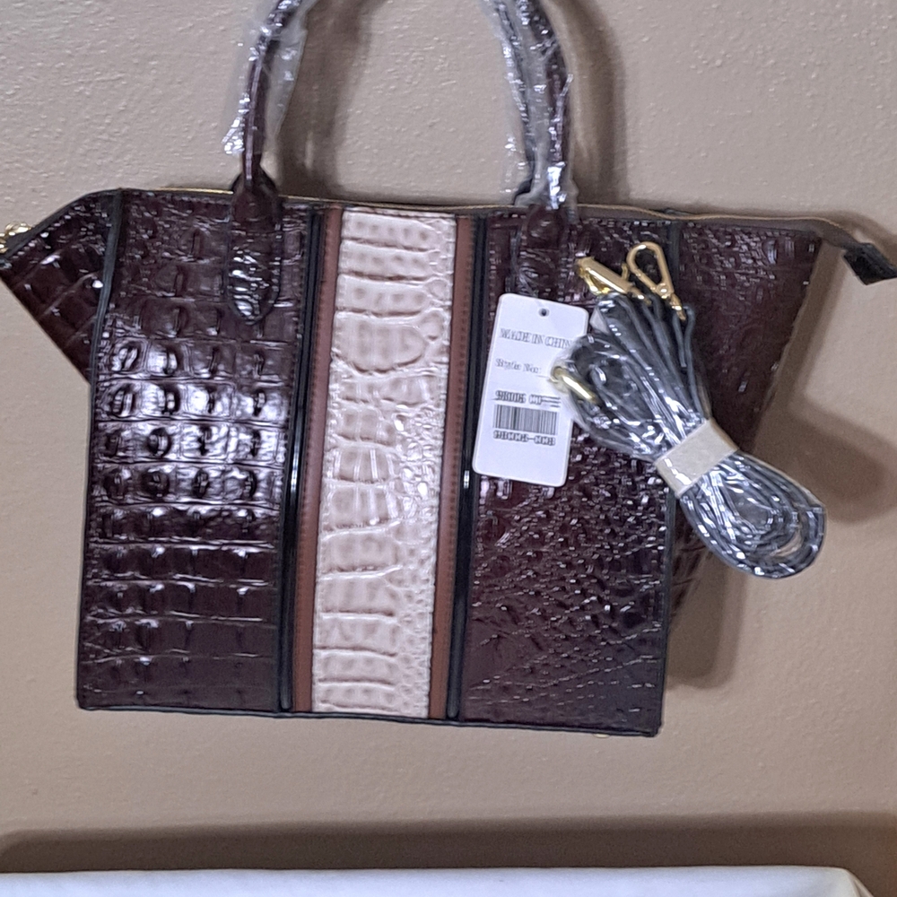 Designer Inspired Brown and Cream Croc-Embossed Satchel Crossbody Bag NWT